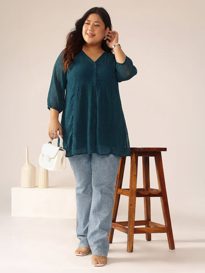 Janasya Women's Plus Size Teal Blue Dobby Chiffon Solid A-Line Tunic