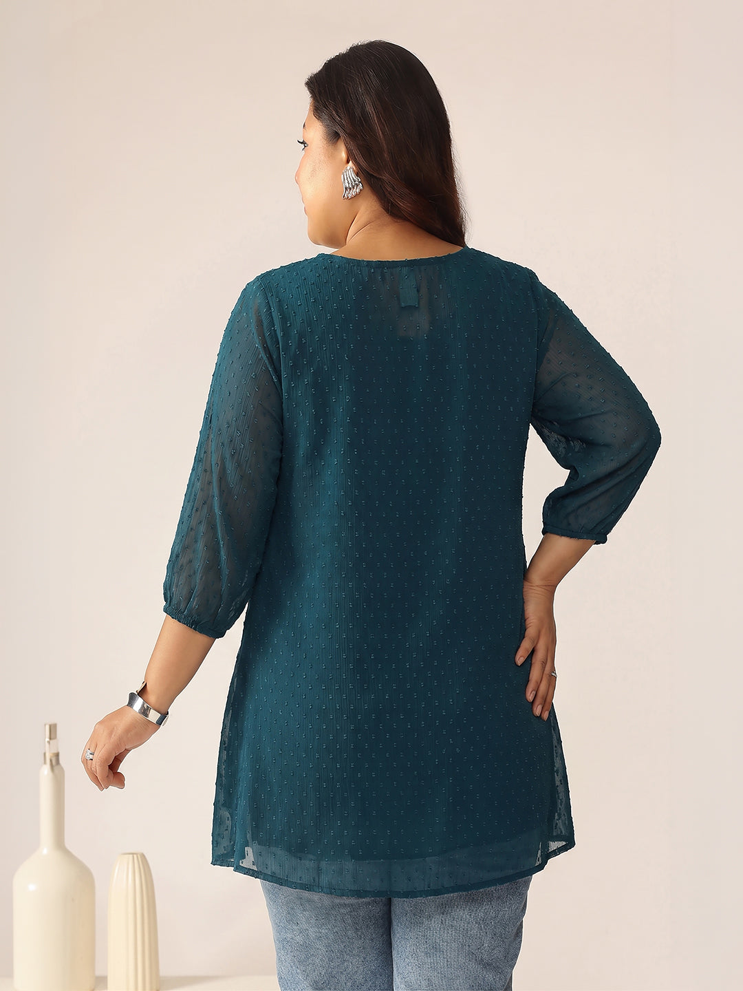 Janasya Women's Plus Size Teal Blue Dobby Chiffon Solid A-Line Tunic