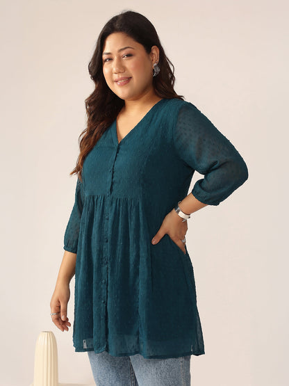 Janasya Women's Plus Size Teal Blue Dobby Chiffon Solid A-Line Tunic
