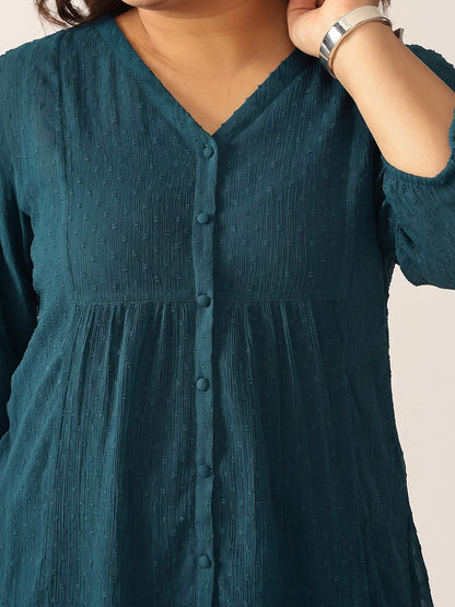 Janasya Women's Plus Size Teal Blue Dobby Chiffon Solid A-Line Tunic