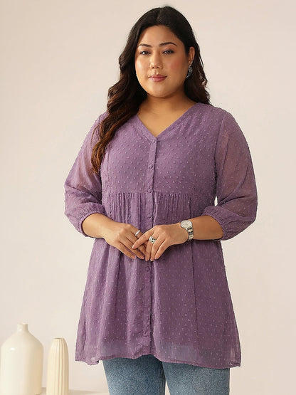 Janasya Women's Plus Size Lavender Dobby Chiffon Solid A-Line Tunic
