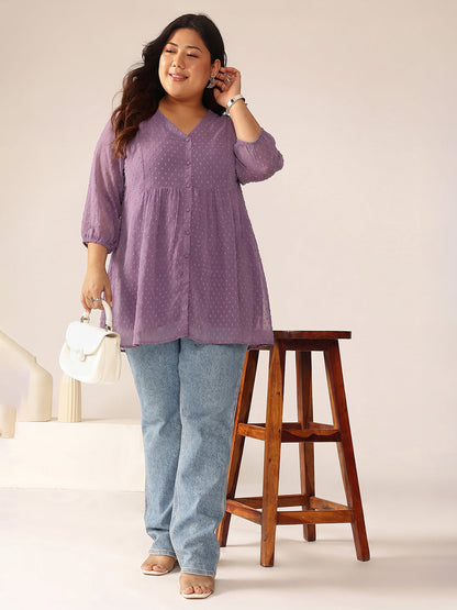 Janasya Women's Plus Size Lavender Dobby Chiffon Solid A-Line Tunic