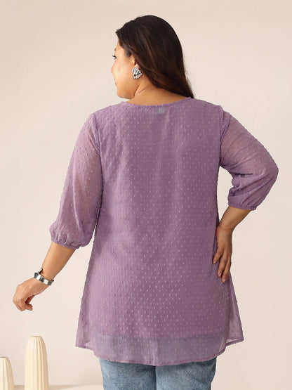Janasya Women's Plus Size Lavender Dobby Chiffon Solid A-Line Tunic