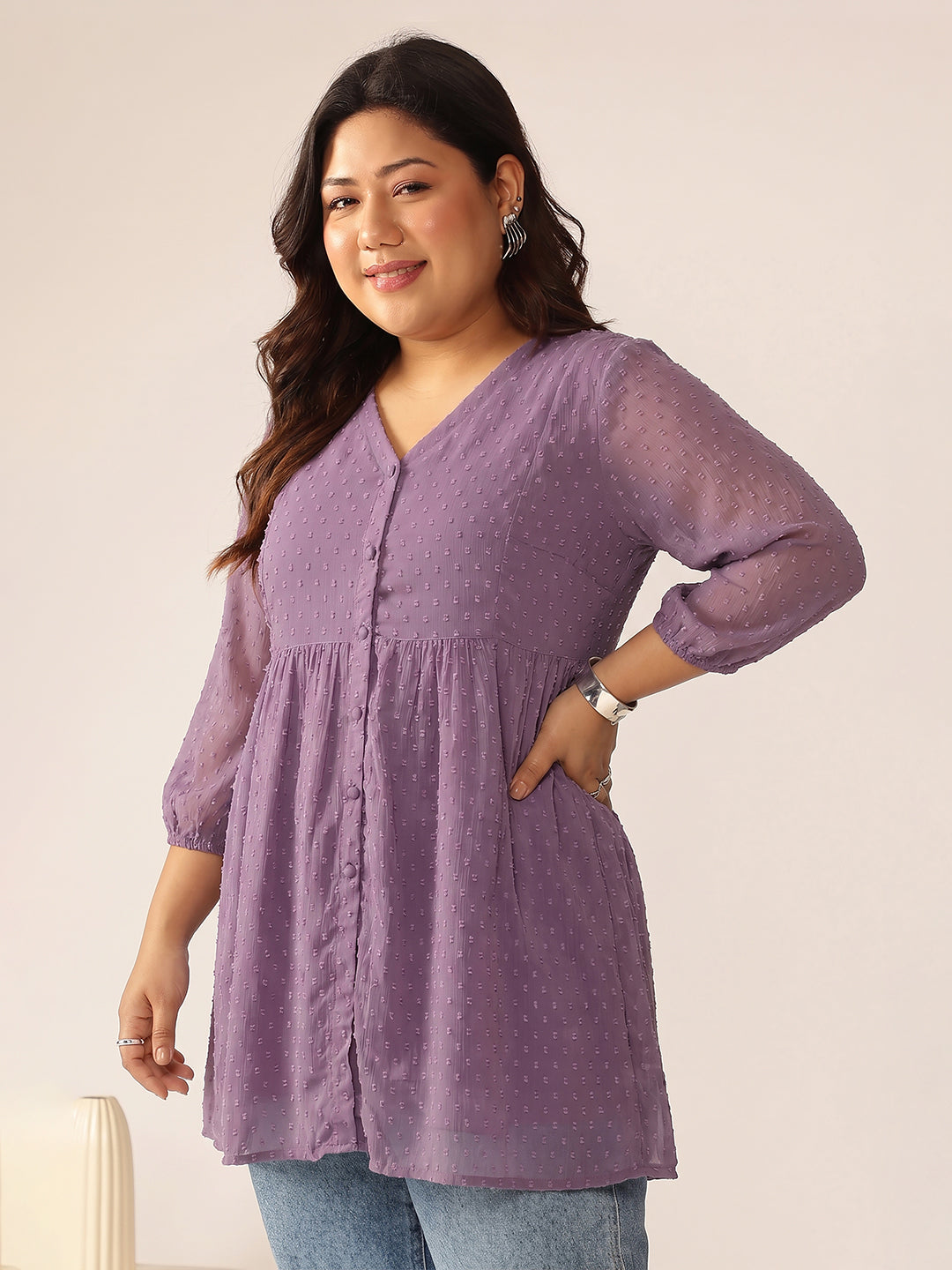Janasya Women's Plus Size Lavender Dobby Chiffon Solid A-Line Tunic