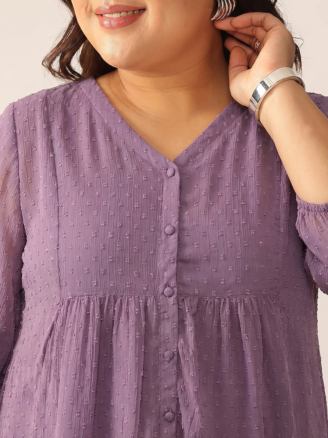 Janasya Women's Plus Size Lavender Dobby Chiffon Solid A-Line Tunic