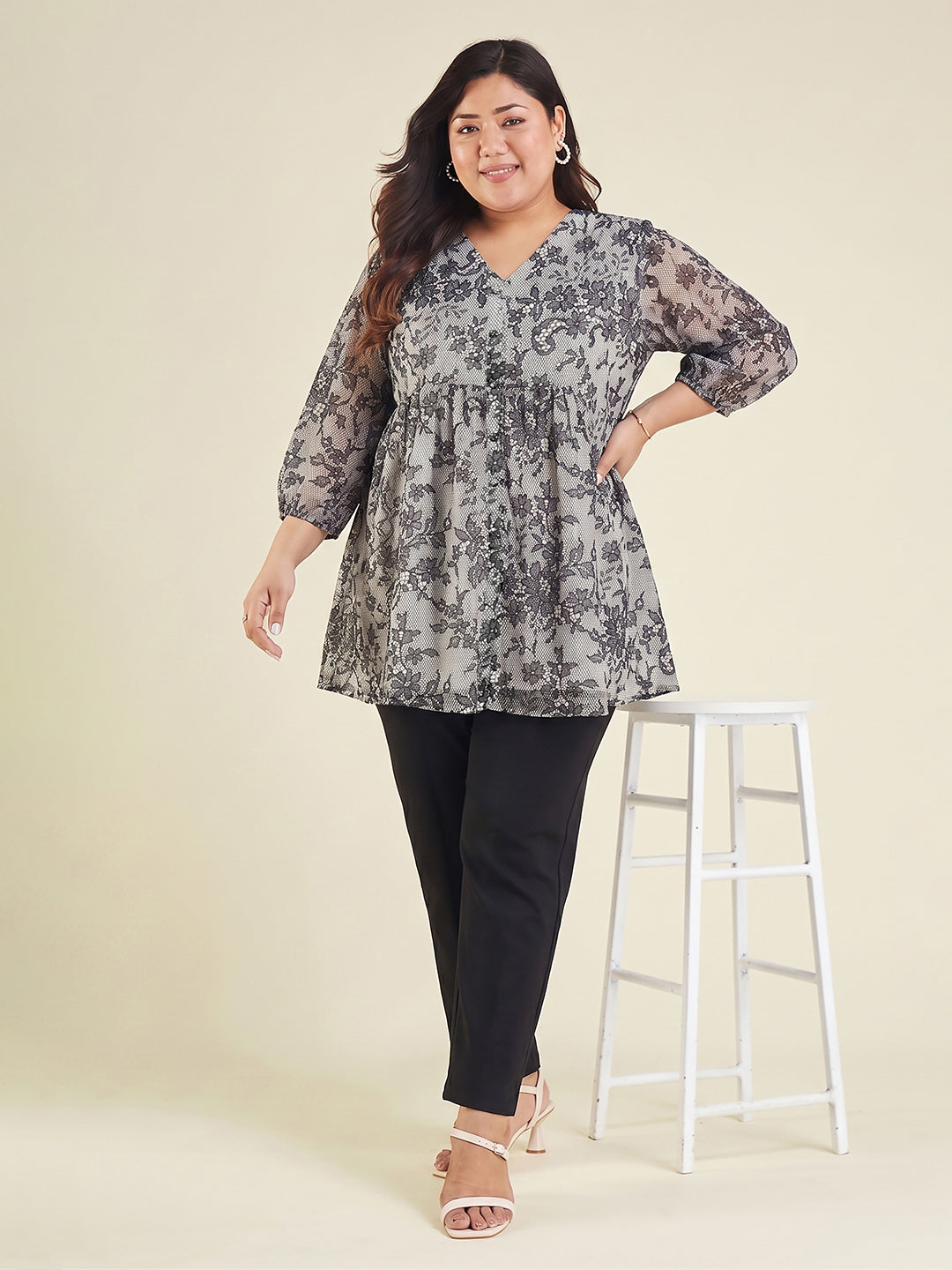 Janasya Women's Plus Size White Georgette Floral Printed A-Line Tunic