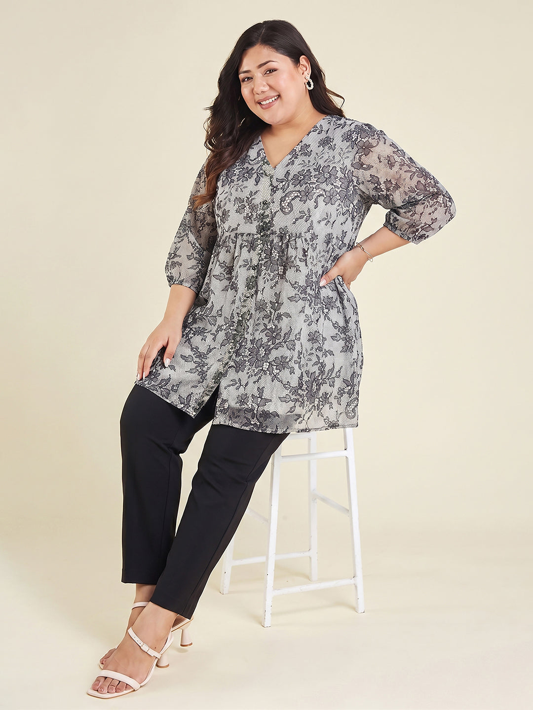 Janasya Women's Plus Size White Georgette Floral Printed A-Line Tunic