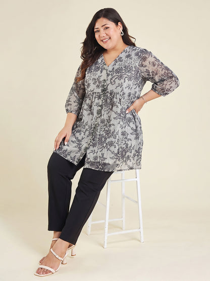Janasya Women's Plus Size White Georgette Floral Printed A-Line Tunic