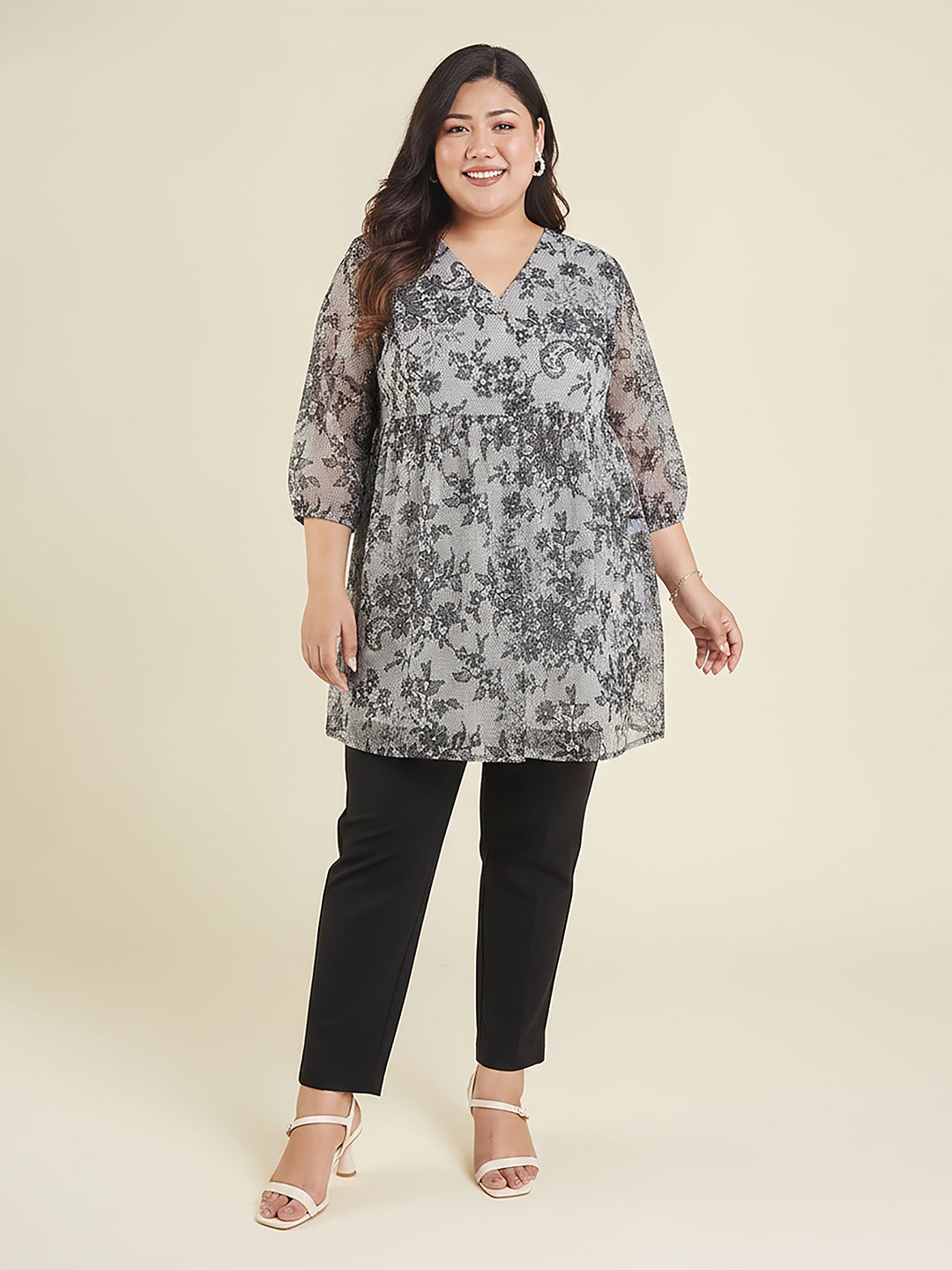 Janasya Women's Plus Size White Georgette Floral Printed A-Line Tunic