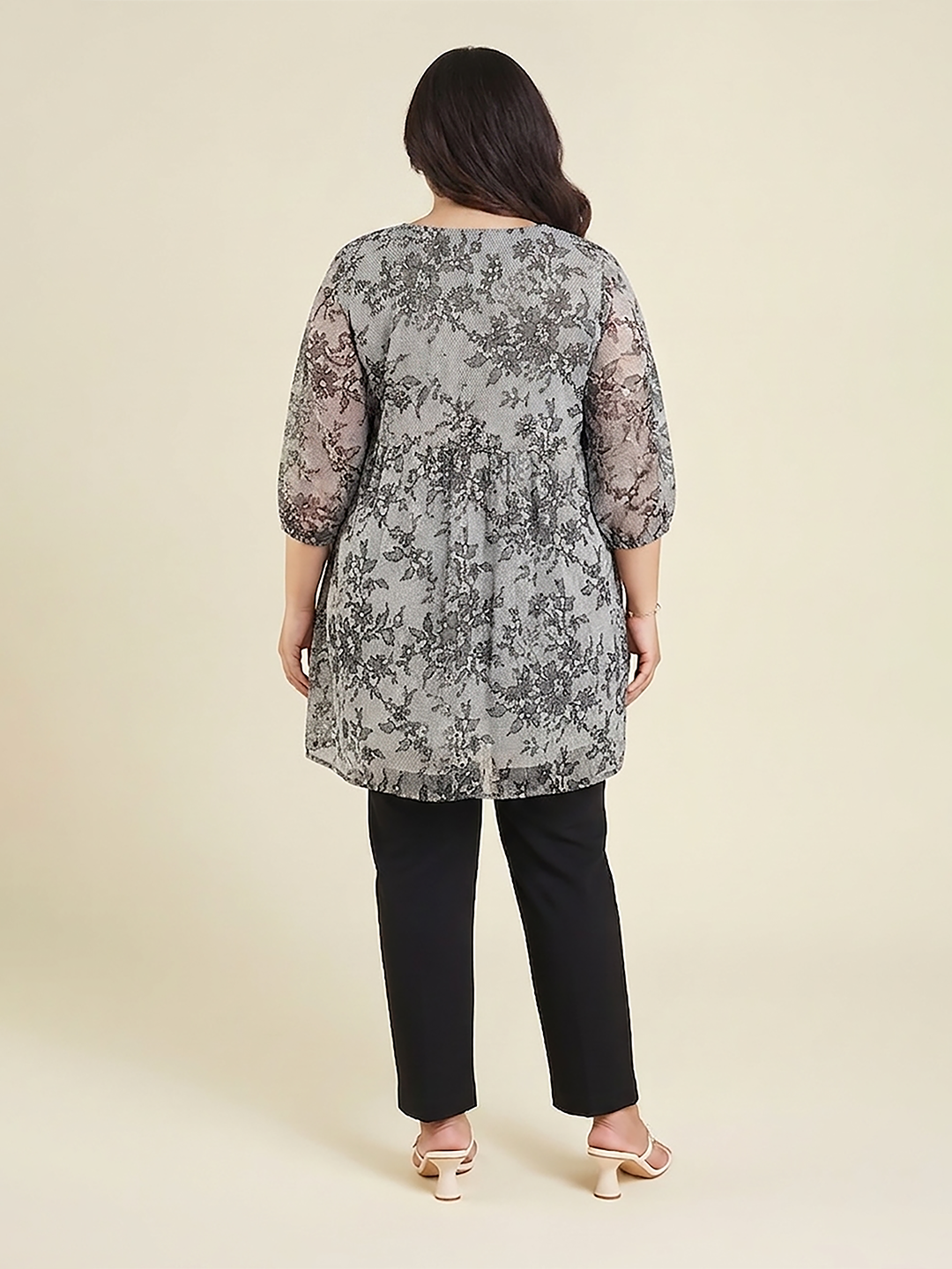 Janasya Women's Plus Size White Georgette Floral Printed A-Line Tunic