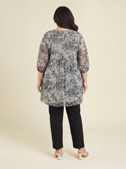 Janasya Women's Plus Size White Georgette Floral Printed A-Line Tunic