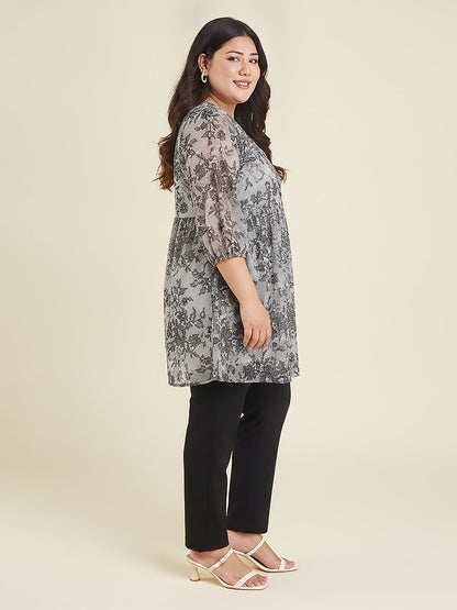 Janasya Women's Plus Size White Georgette Floral Printed A-Line Tunic
