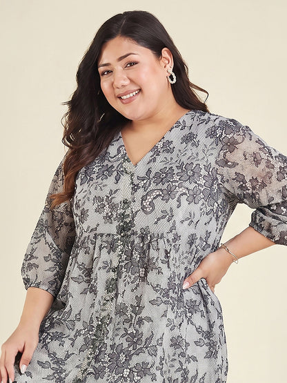 Janasya Women's Plus Size White Georgette Floral Printed A-Line Tunic