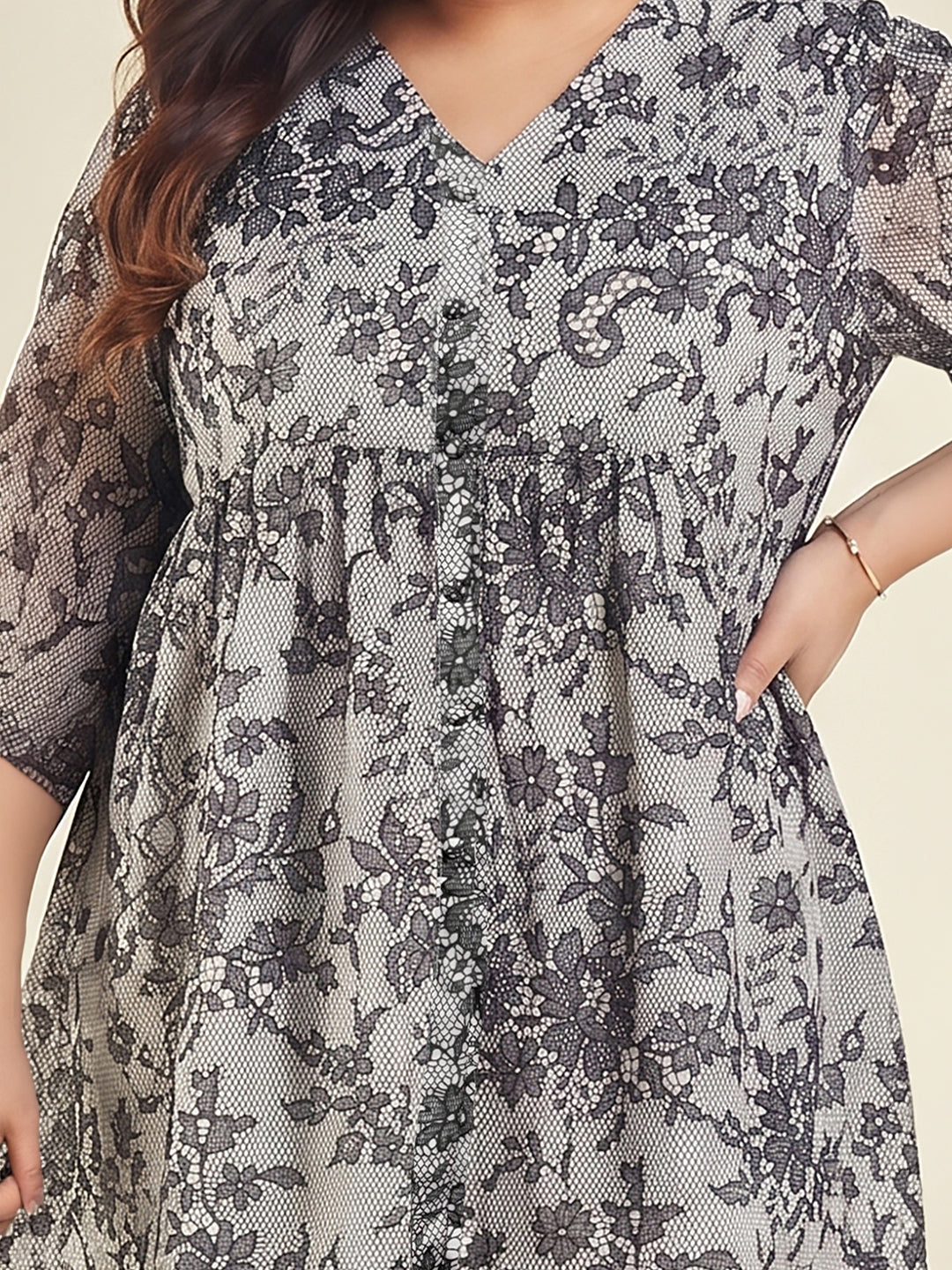 Janasya Women's Plus Size White Georgette Floral Printed A-Line Tunic