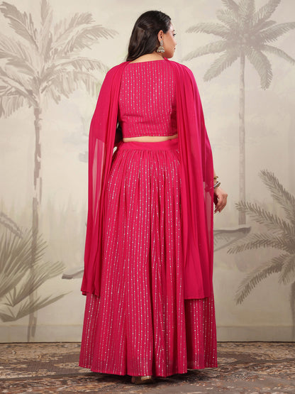 Plus Size Pink Georgette Foil Printed Gathered Embellished Lehenga Choli Set