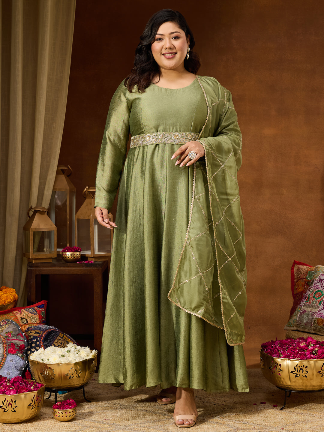 Janasya Women's Plus Size Sage Green Silk Blend Flared Gown With Embellished Belt