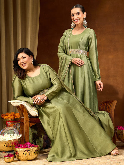 Janasya Women's Sage Green Silk Blend Flared Gown With Embellished Belt