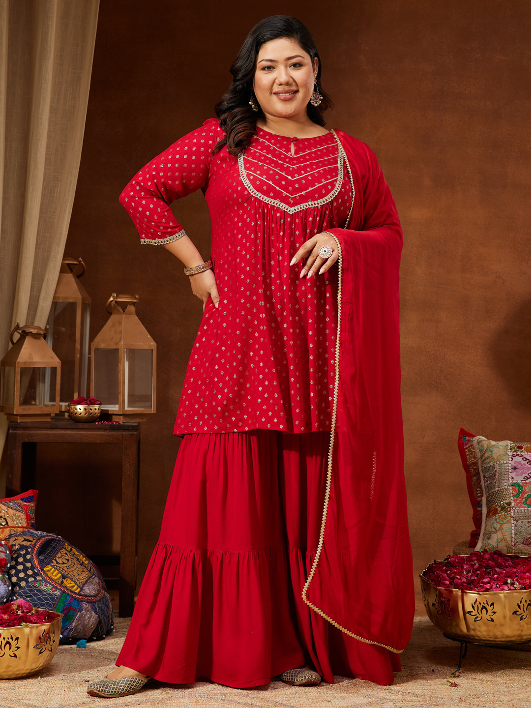 Janasya Women's Plus Size Red Rayon Embellished Gold Printed A-line Kurta With Sharara & Dupatta Set