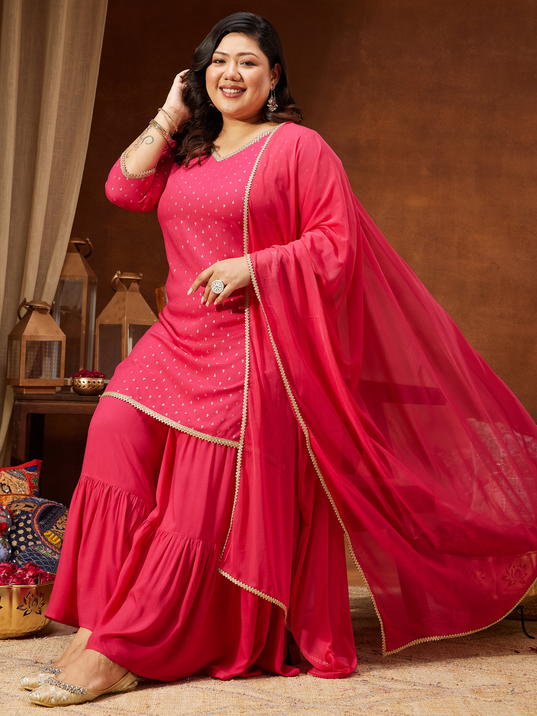 Janasya Women's Plus Size Pink Rayon Embellished Gold Printed Straight Kurta With Sharara & Dupatta Set