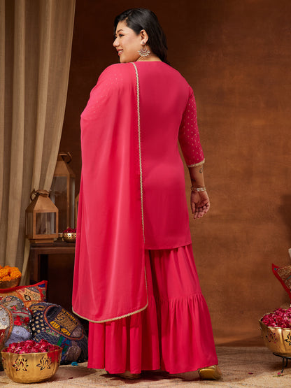 Janasya Women's Plus Size Pink Rayon Embellished Gold Printed Straight Kurta With Sharara & Dupatta Set