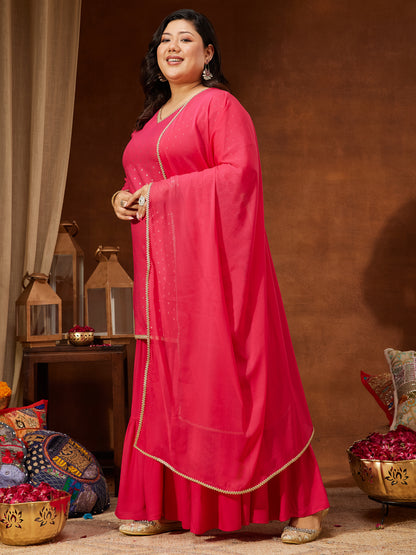 Janasya Women's Plus Size Pink Rayon Embellished Gold Printed Straight Kurta With Sharara & Dupatta Set