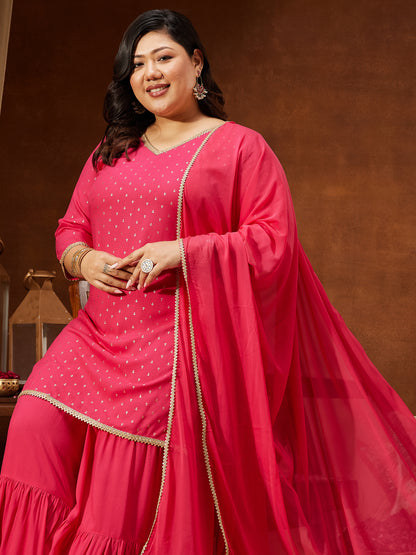 Janasya Women's Plus Size Pink Rayon Embellished Gold Printed Straight Kurta With Sharara & Dupatta Set