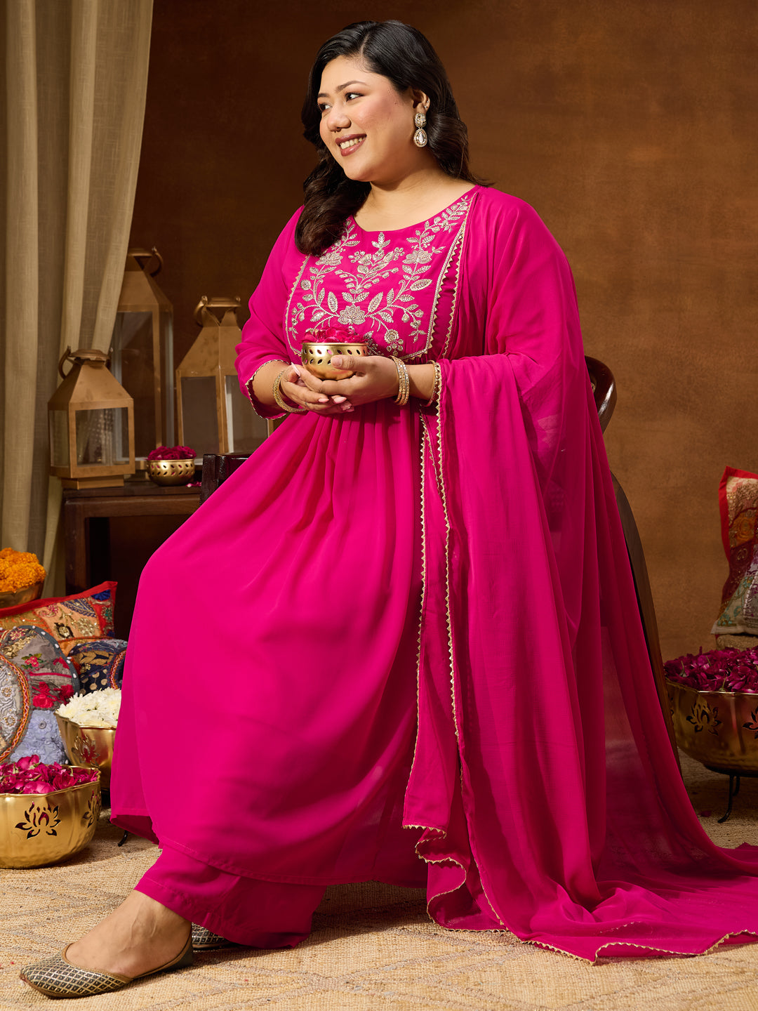 Janasya Women's Plus Size Pink Georgette Yoke Zari Embroidered A-line Kurta Set