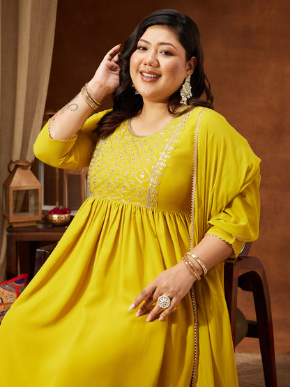 Janasya Women's Plus Size Yellow Georgette Yoke Embroidered A-line Kurta With Palazzo & Dupatta Set