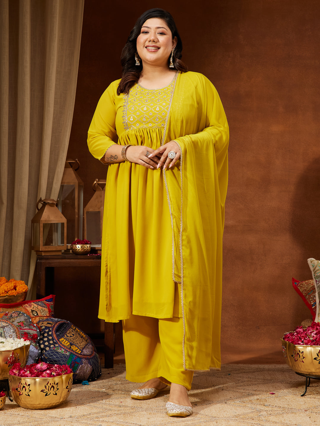 Janasya Women's Plus Size Yellow Georgette Yoke Embroidered A-line Kurta With Palazzo & Dupatta Set
