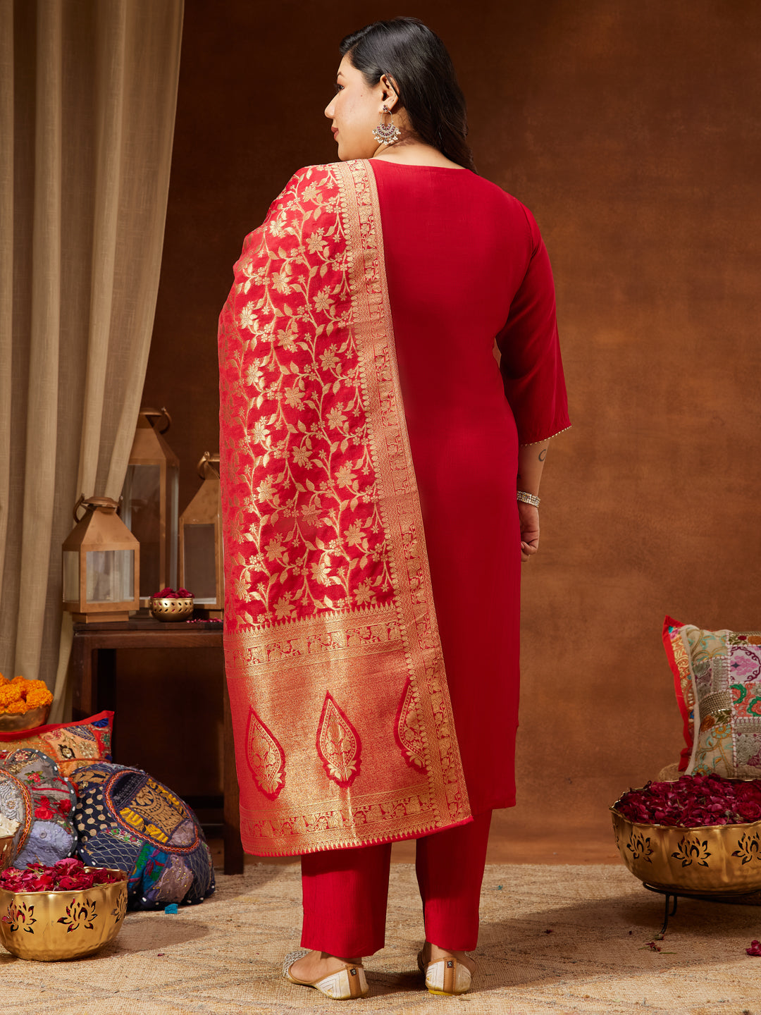 Janasya Women's Plus Size Maroon Silk Blend Zari Embroidered Straight Kurta Set