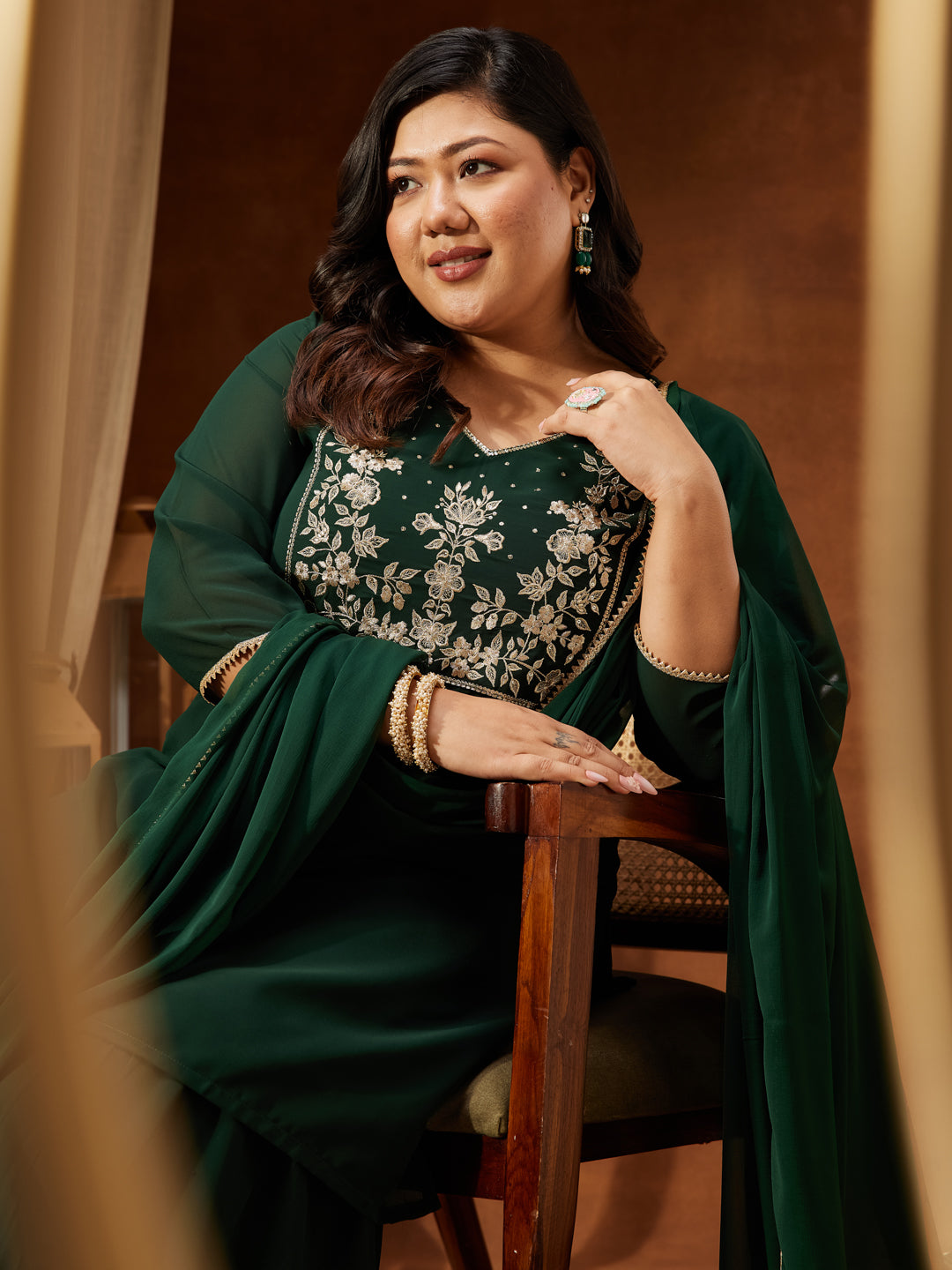 Janasya Women's Plus Size Dark Green Georgette Zari Embroidered Straight Kurti With Sharara & Dupatta Set