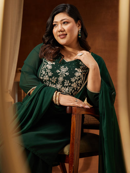 Janasya Women's Plus Size Dark Green Georgette Zari Embroidered Straight Kurti With Sharara & Dupatta Set