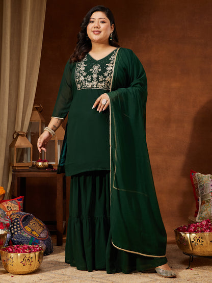 Janasya Women's Plus Size Dark Green Georgette Zari Embroidered Straight Kurti With Sharara & Dupatta Set