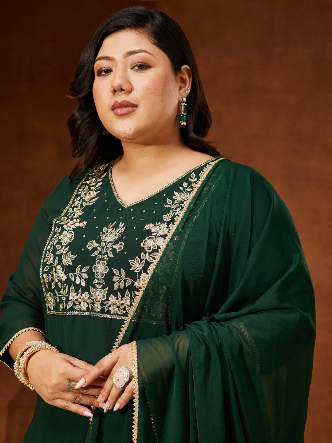 Janasya Women's Plus Size Dark Green Georgette Zari Embroidered Straight Kurti With Sharara & Dupatta Set