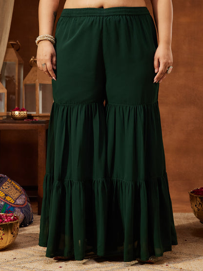 Janasya Women's Plus Size Dark Green Georgette Zari Embroidered Straight Kurti With Sharara & Dupatta Set