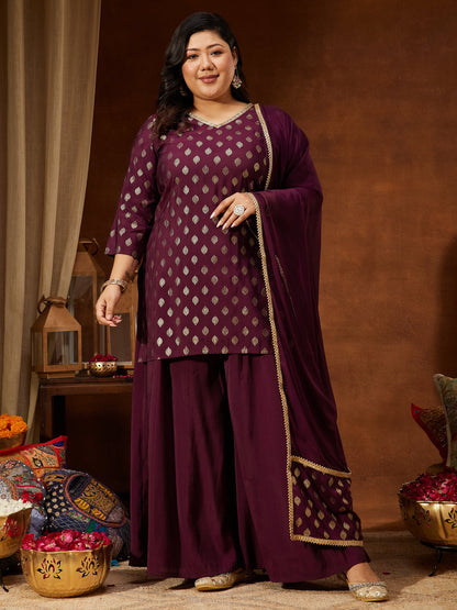 Janasya Women's Plus Size Wine Chanderi Silk Embellished Gold Printed Straight Kurta With Sharara & Dupatta Set
