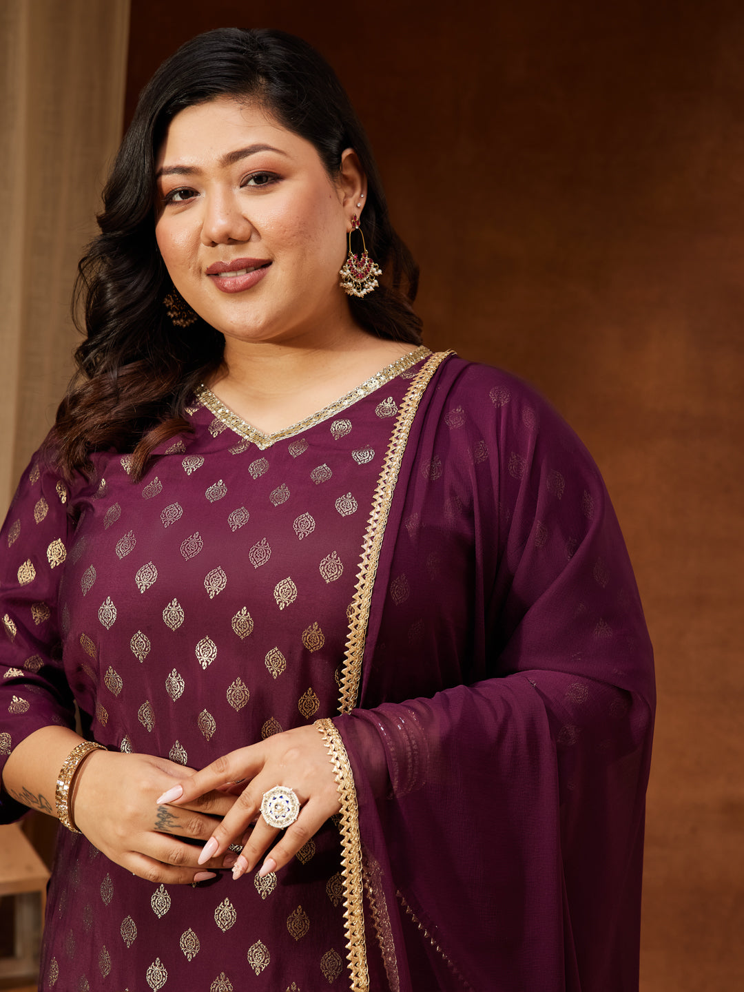 Janasya Women's Plus Size Wine Chanderi Silk Embellished Gold Printed Straight Kurta With Sharara & Dupatta Set