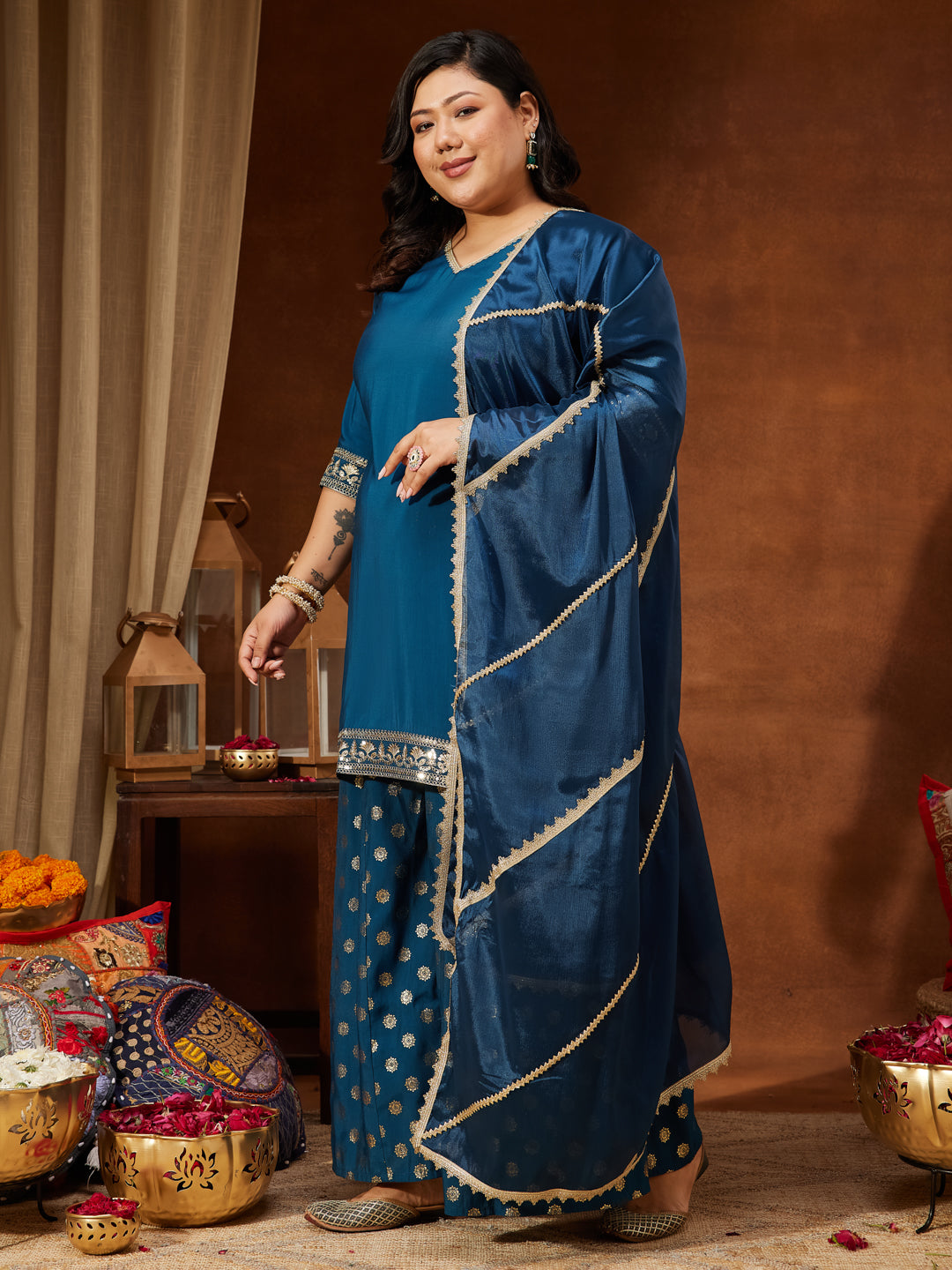 Janasya Women's Teal Blue Chanderi Silk Embellished Straight Kurta With Palazzo & Dupatta Set