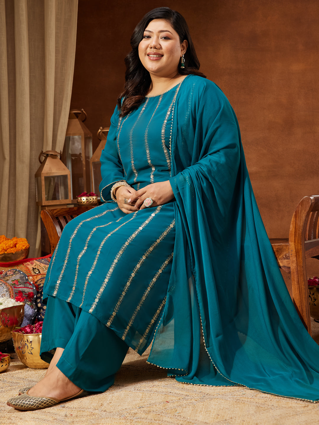 Janasya Women's Plus Size Sea Green Georgette Embellished Straight Kurta With Palazzo & Dupatta Set