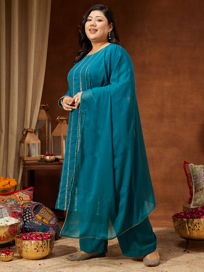Janasya Women's Plus Size Sea Green Georgette Embellished Straight Kurta With Palazzo & Dupatta Set