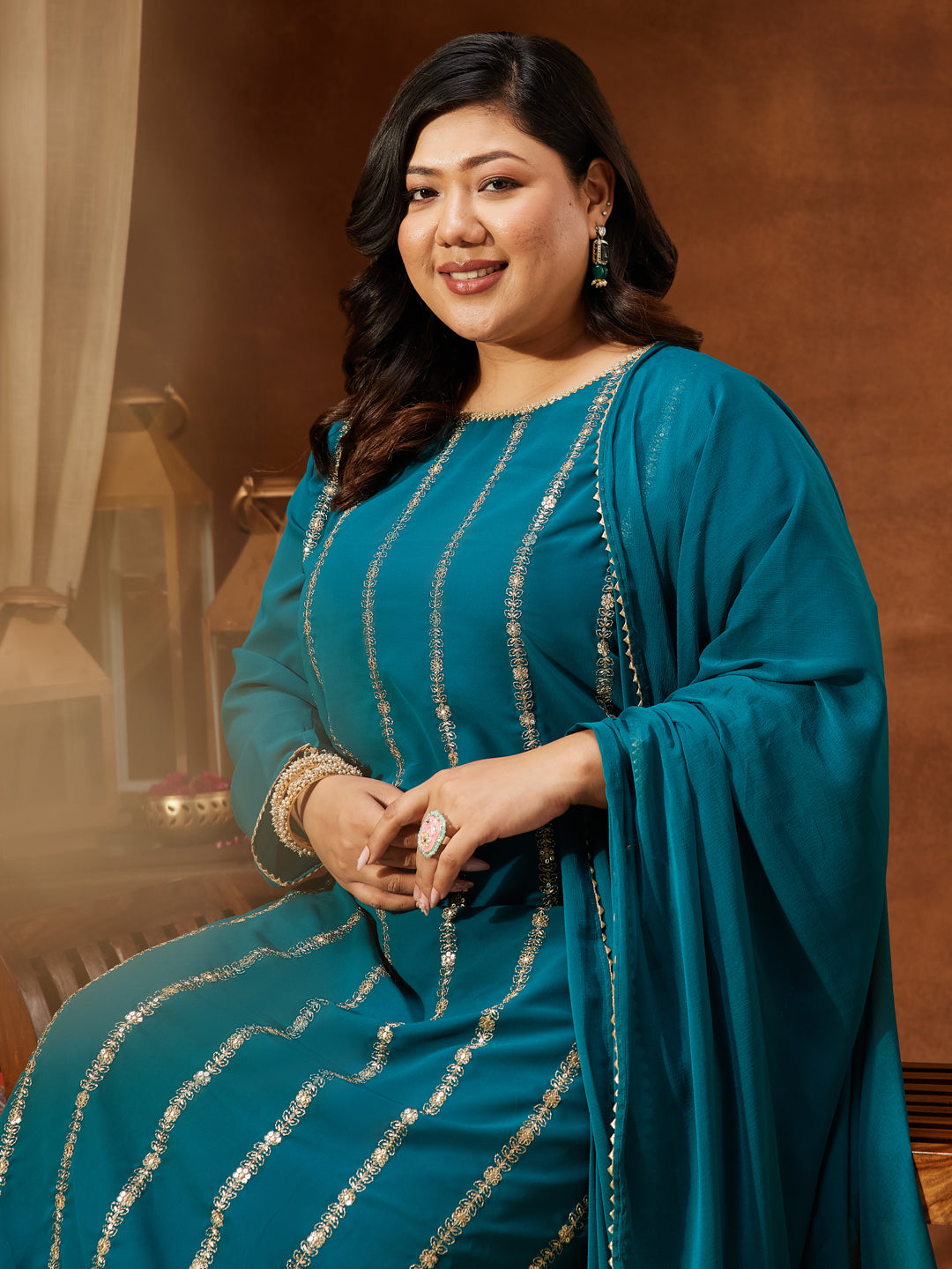 Janasya Women's Plus Size Sea Green Georgette Embellished Straight Kurta With Palazzo & Dupatta Set