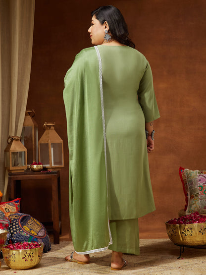 Janasya Women's Plus Size Sage Green Silk Blend Embroidered Straight Kurta Set