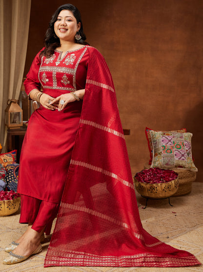 Janasya Women's Maroon Chanderi Silk Yoke Embroidered Straight Kurta Set