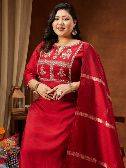 Janasya Women's Maroon Chanderi Silk Yoke Embroidered Straight Kurta Set