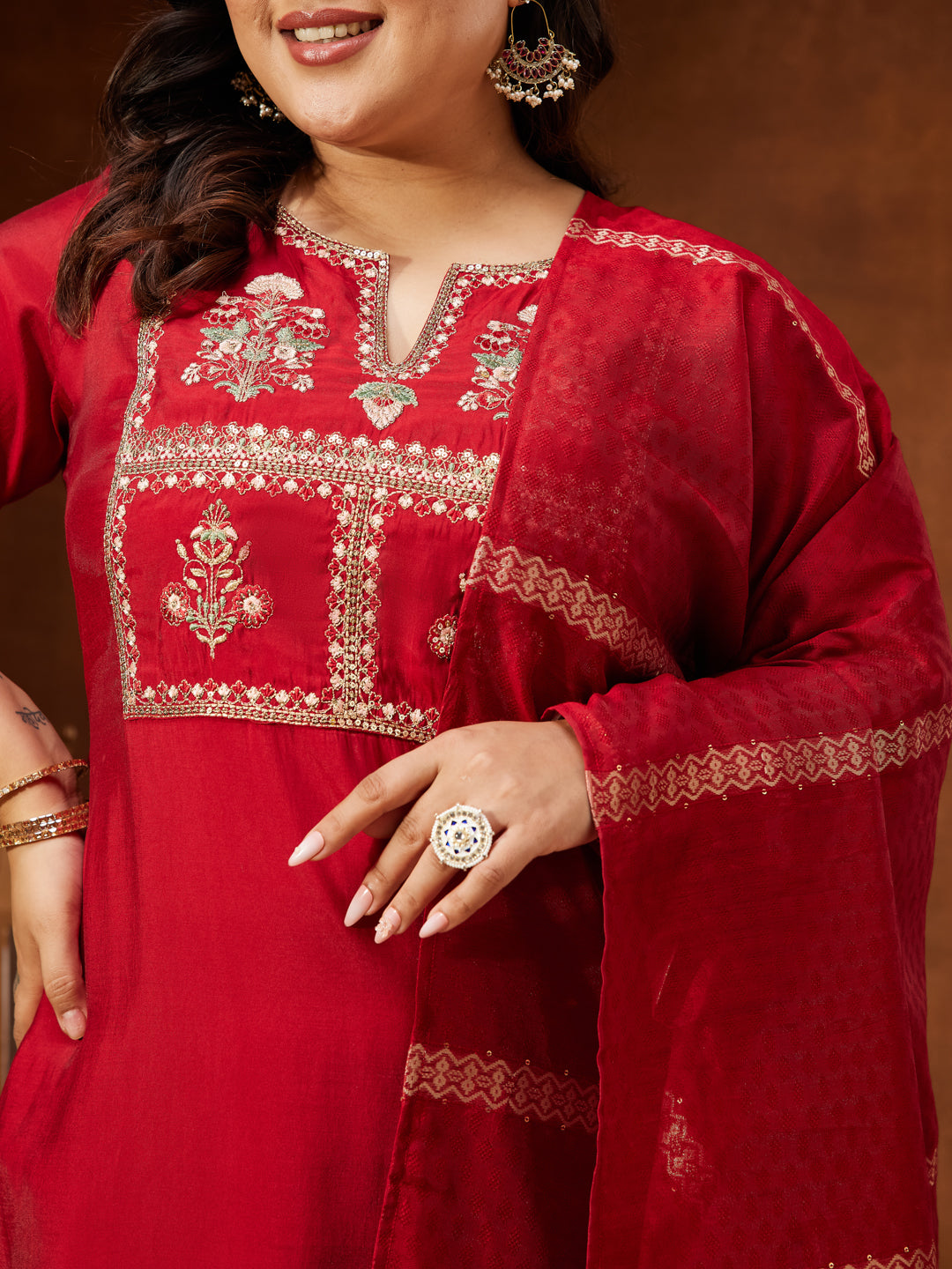 Janasya Women's Maroon Chanderi Silk Yoke Embroidered Straight Kurta Set