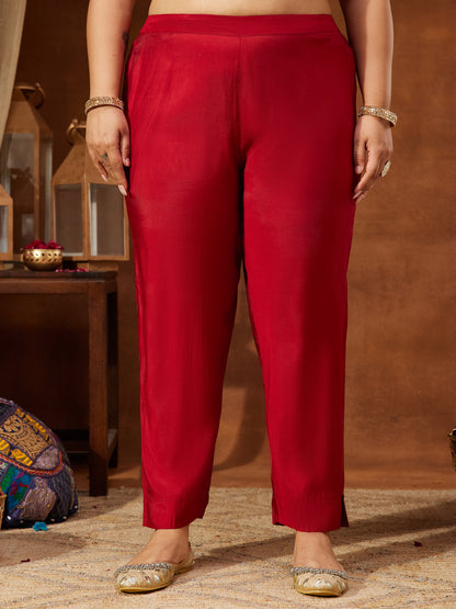 Janasya Women's Maroon Chanderi Silk Yoke Embroidered Straight Kurta Set