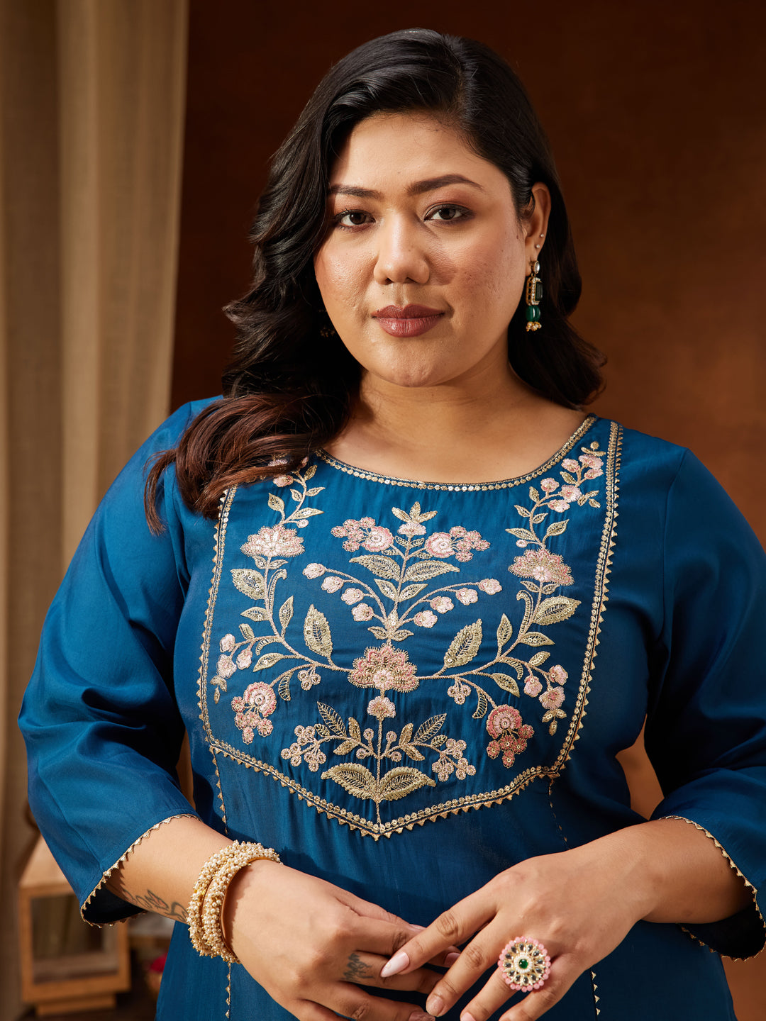 Janasya Women's Plus Size Teal Chanderi Silk Embroidered Straight Kurta Set