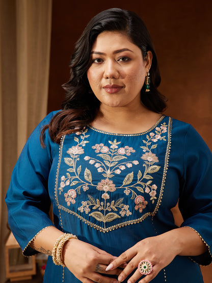 Janasya Women's Plus Size Teal Chanderi Silk Embroidered Straight Kurta Set