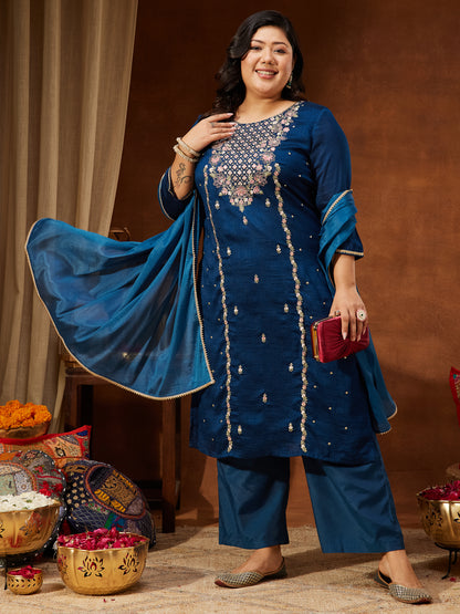 Janasya Women's Plus Size Teal Blue Silk Blend Zari Embroidered Straight Kurta Set