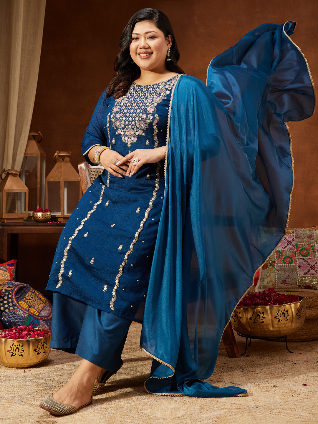 Janasya Women's Plus Size Teal Blue Silk Blend Zari Embroidered Straight Kurta Set